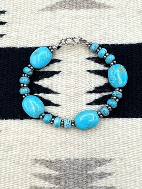 Southwestern Sterling Silver Natural Blue Turquoise Beaded Bracelet 8.75"